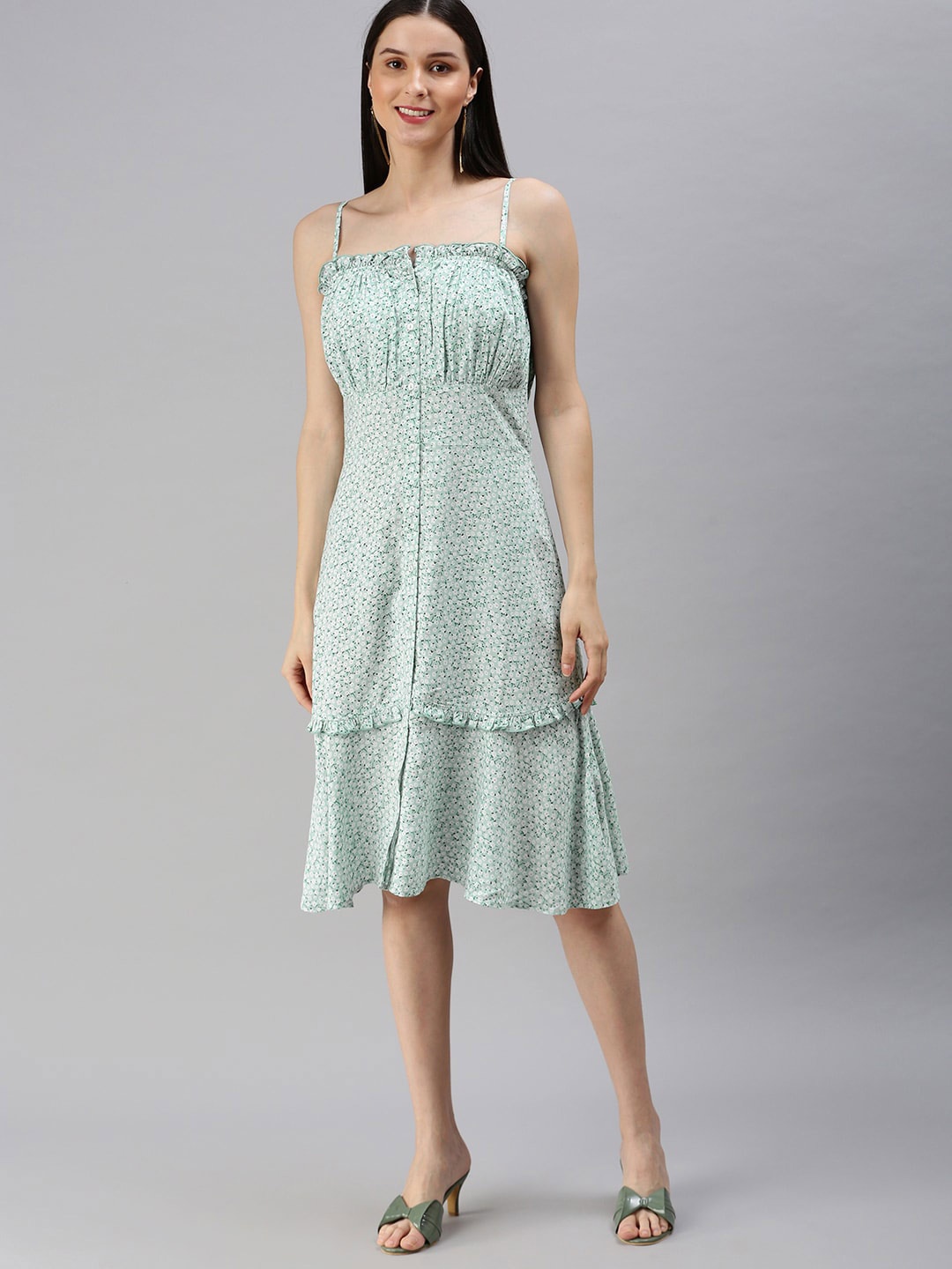 

HERE&NOW Sea Green & White Floral Printed Sleeveless Ruffled A-Line Dress