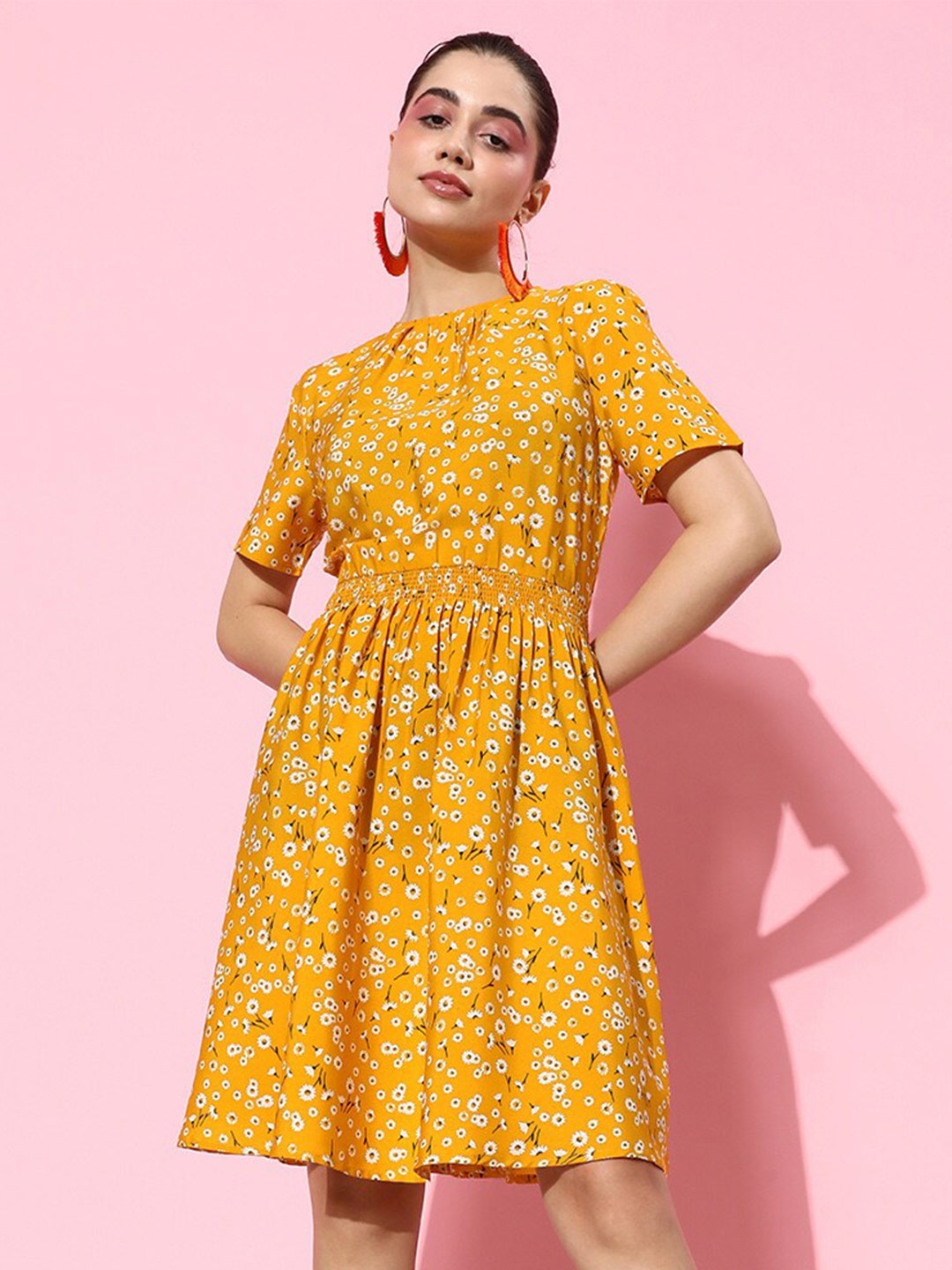 

HERE&NOW Yellow Floral Printed Smocked A-Line Dress