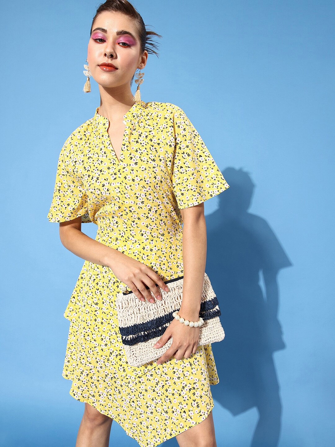 

HERE&NOW Yellow Floral Printed Flared Sleeve Crepe A-Line Dress