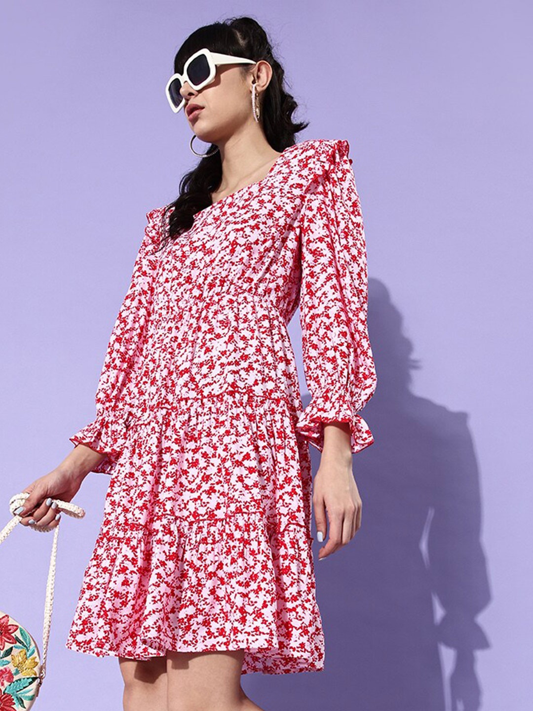 

HERE&NOW Red Floral Printed Square Neck Puff Sleeves Ruffles Detail Tiered A-Line Dress, White