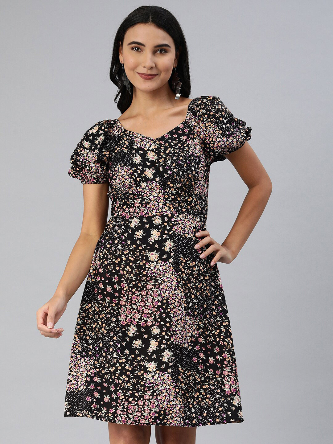

HERE&NOW Floral Printed V-Neck Puff Sleeves A-Line Dress, Black