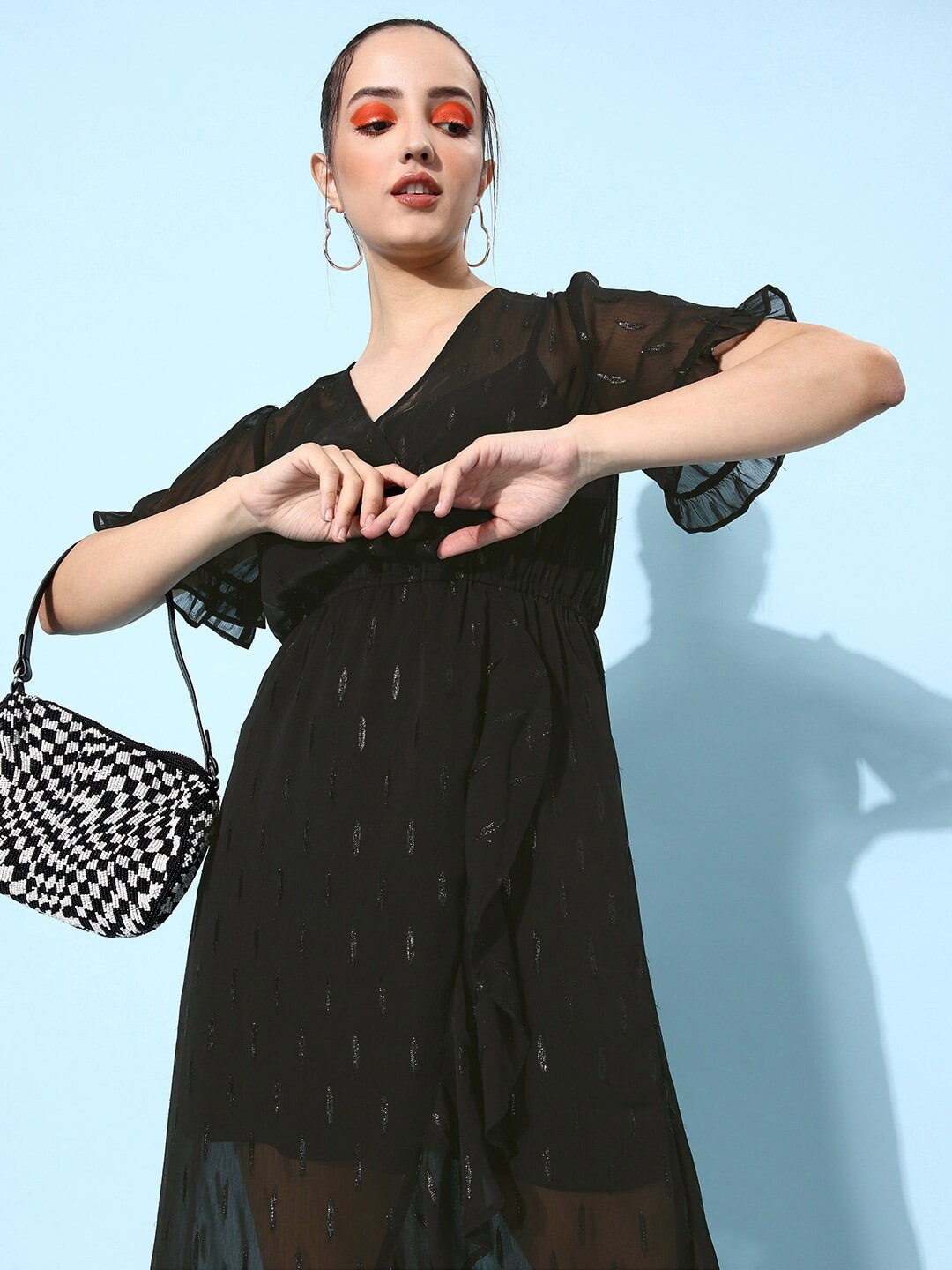 

HERE&NOW Black Puff Sleeve Chiffon Sheer A-line Dress With Slip