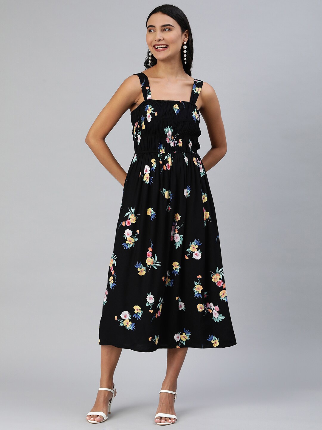 

HERE&NOW Black Floral Printed Shoulder Straps Smocked A-Line Midi Dress