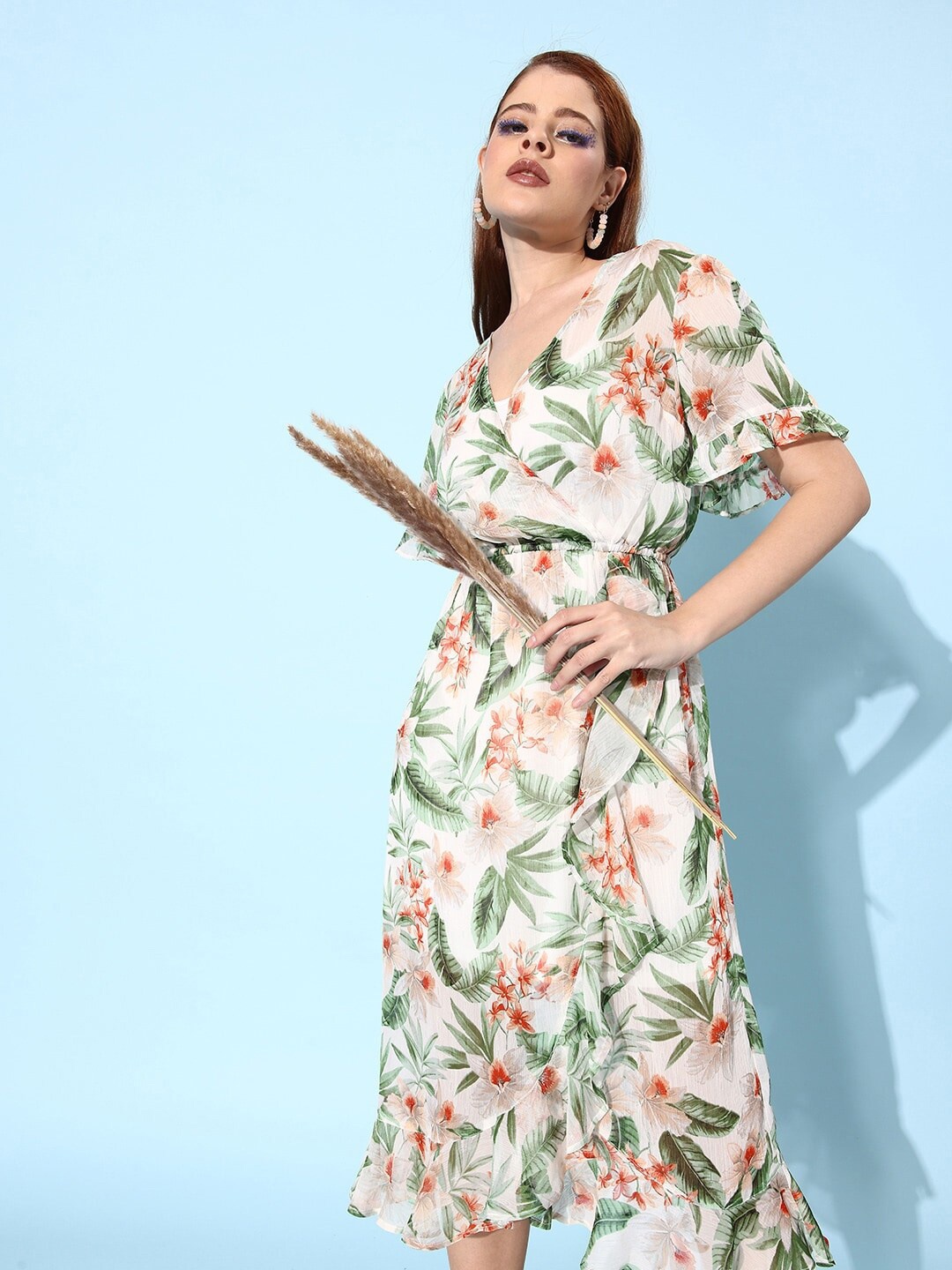 

HERE&NOW Off White & Green Tropical Printed Flared Sleeves Midi Wrap Chiffon Dress