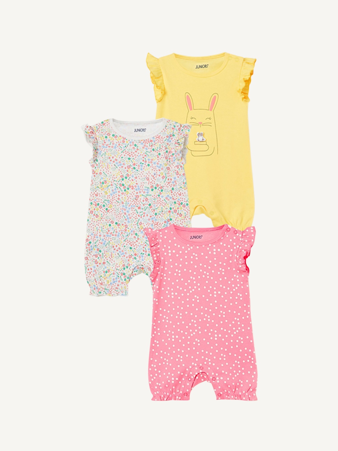 

Juniors by Lifestyle Infants Pack Of 3 Printed Pure Cotton Rompers, Yellow