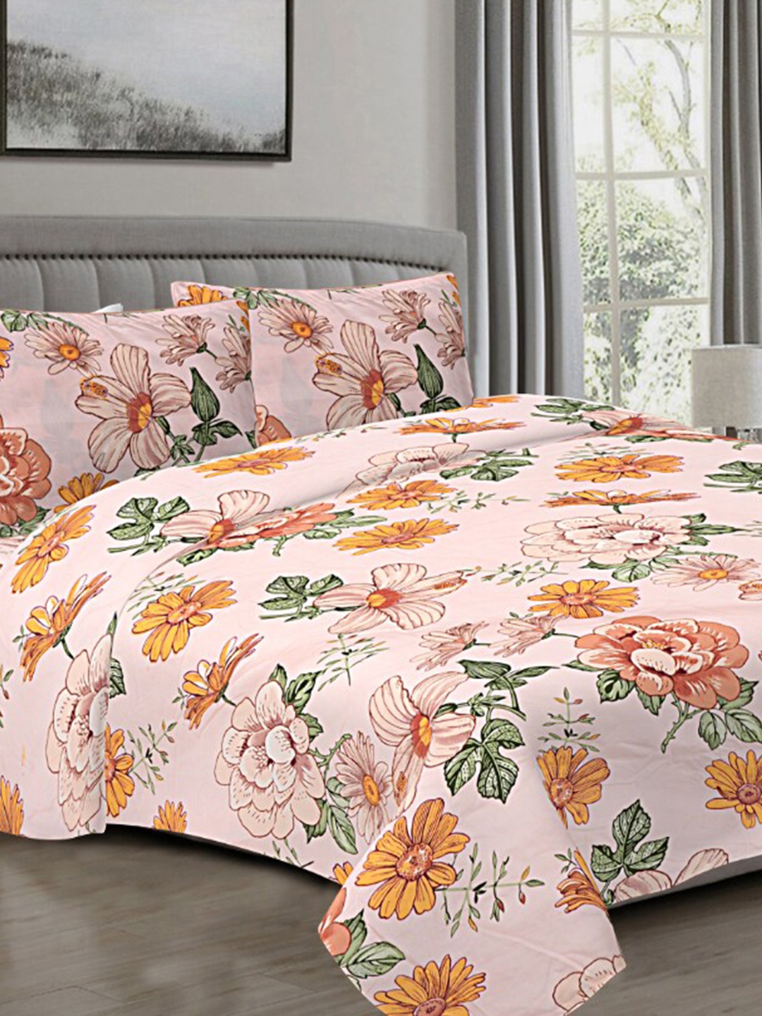 

INDHOME LIFE Pink Printed Cotton 210 TC Fitted Queen Bedsheet with 2 Pillow Covers