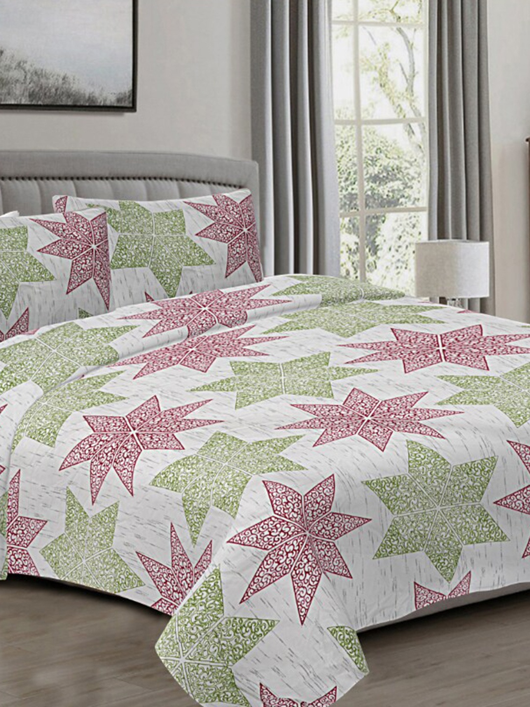 

INDHOME LIFE White Printed Cotton 210 TC Fitted Queen Bedsheet with 2 Pillow Covers
