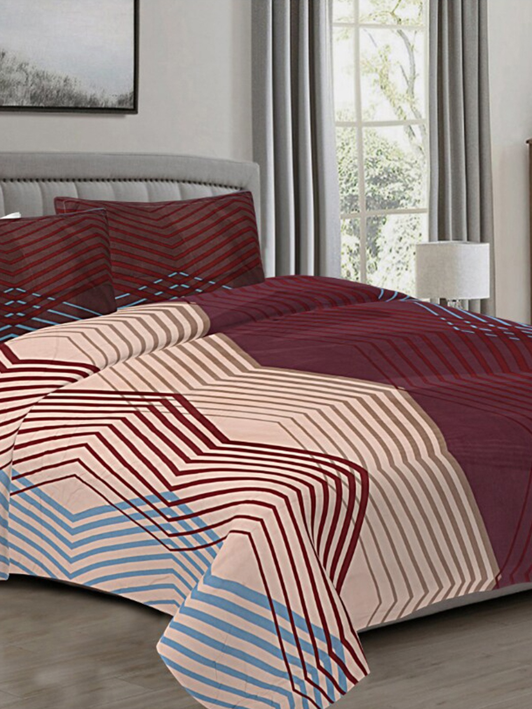 

INDHOME LIFE Maroon Printed Cotton 210 TC Fitted Queen Bedsheet with 2 Pillow Covers