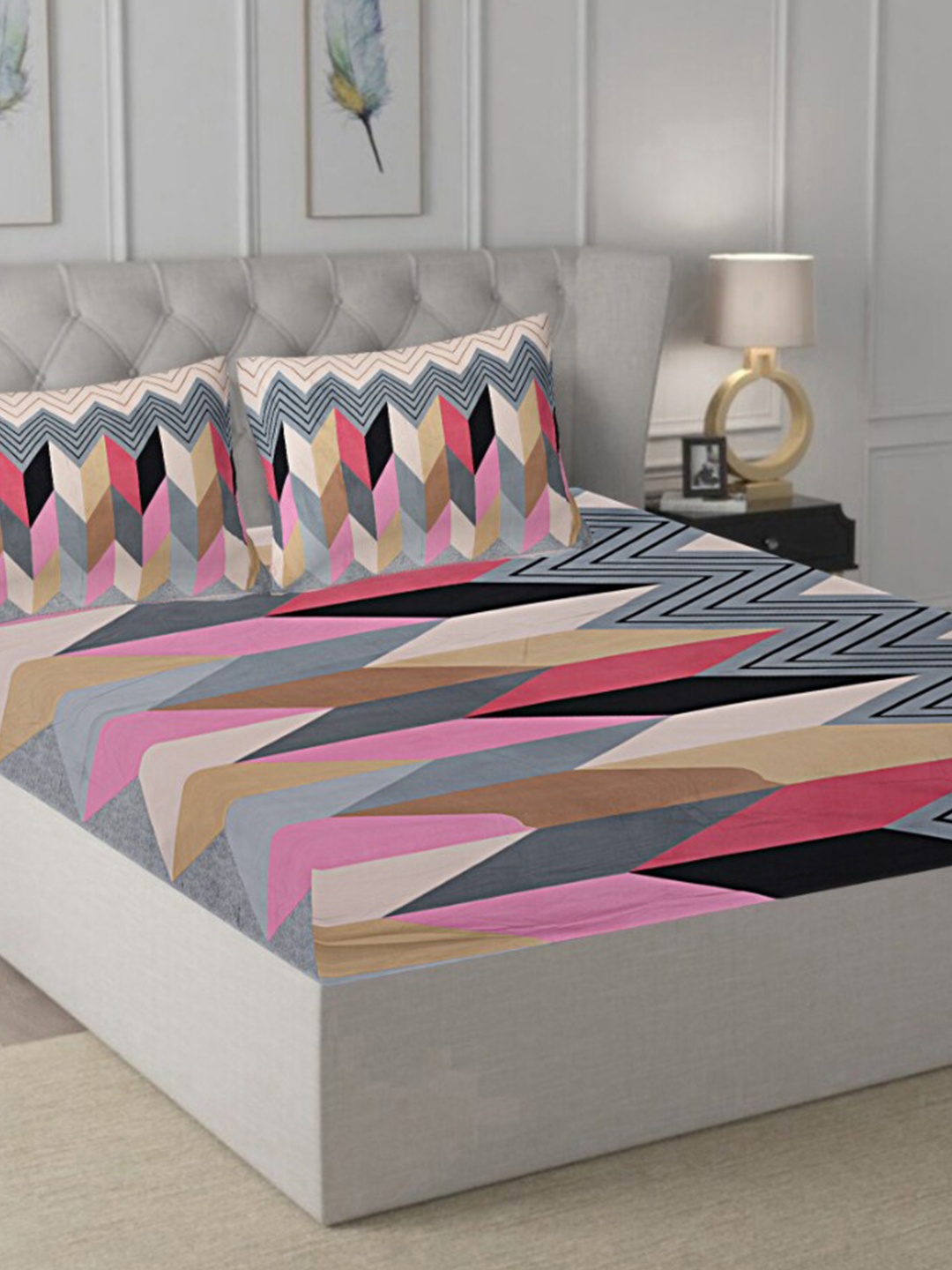 

INDHOME LIFE Grey & Pink Geometric Pure Cotton 200 TC Queen Bedsheet With 2 Pillow Covers