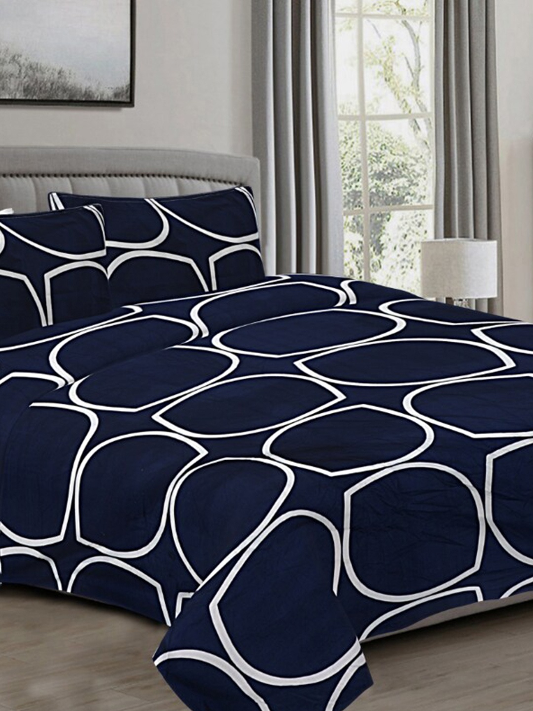 

INDHOME LIFE Blue Printed Pure Cotton Fitted 210 TC Queen Bedsheet & 2 Pillow Covers