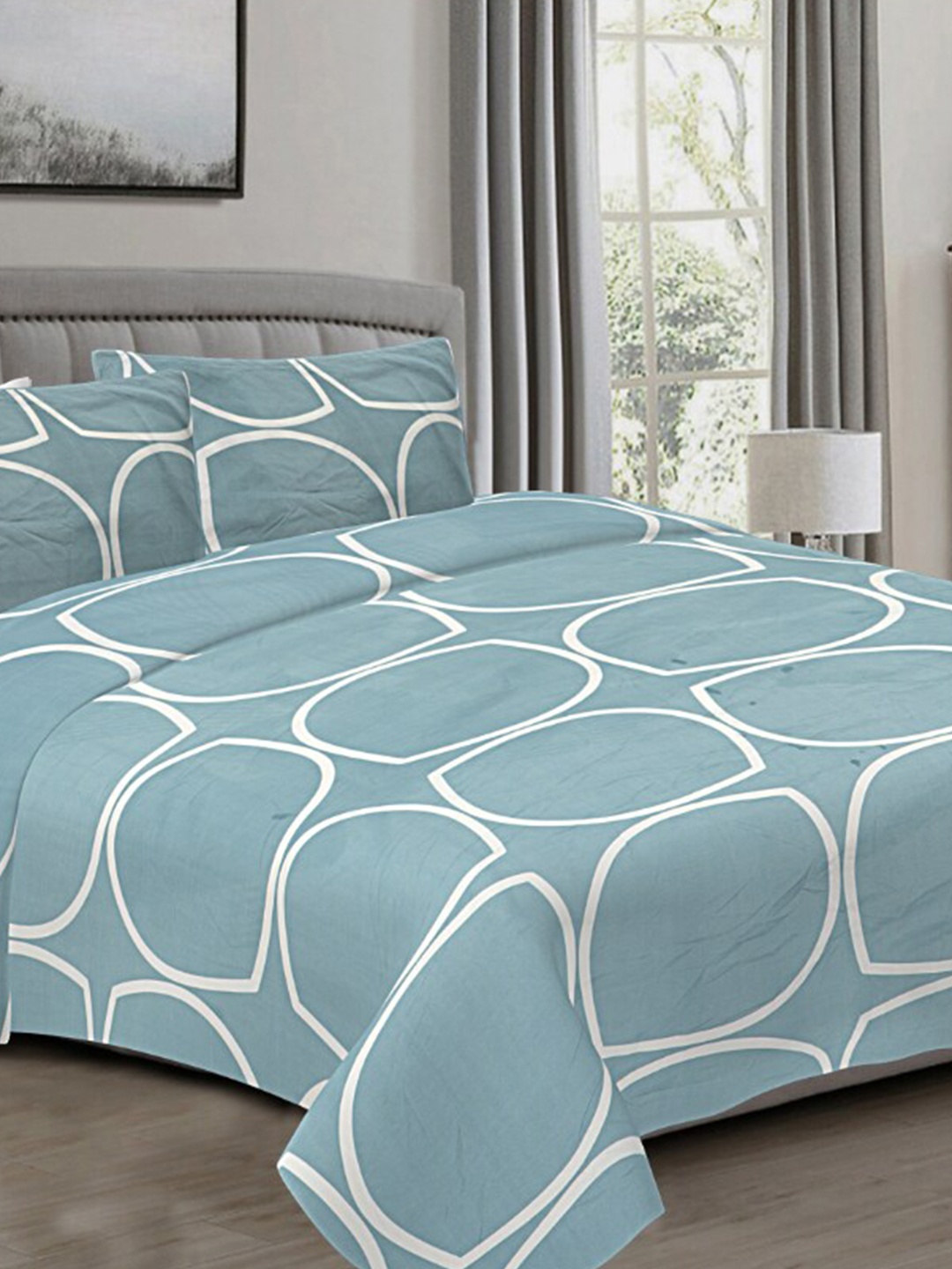 

INDHOME LIFE Blue Printed Pure Cotton Fitted 210 TC Queen Bedsheet With 2 Pillow Covers
