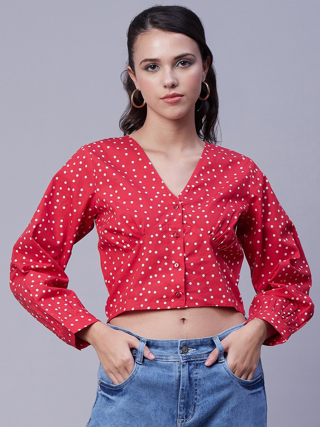 

Moomaya Polka Dots Printed Cotton Crop Top, Red