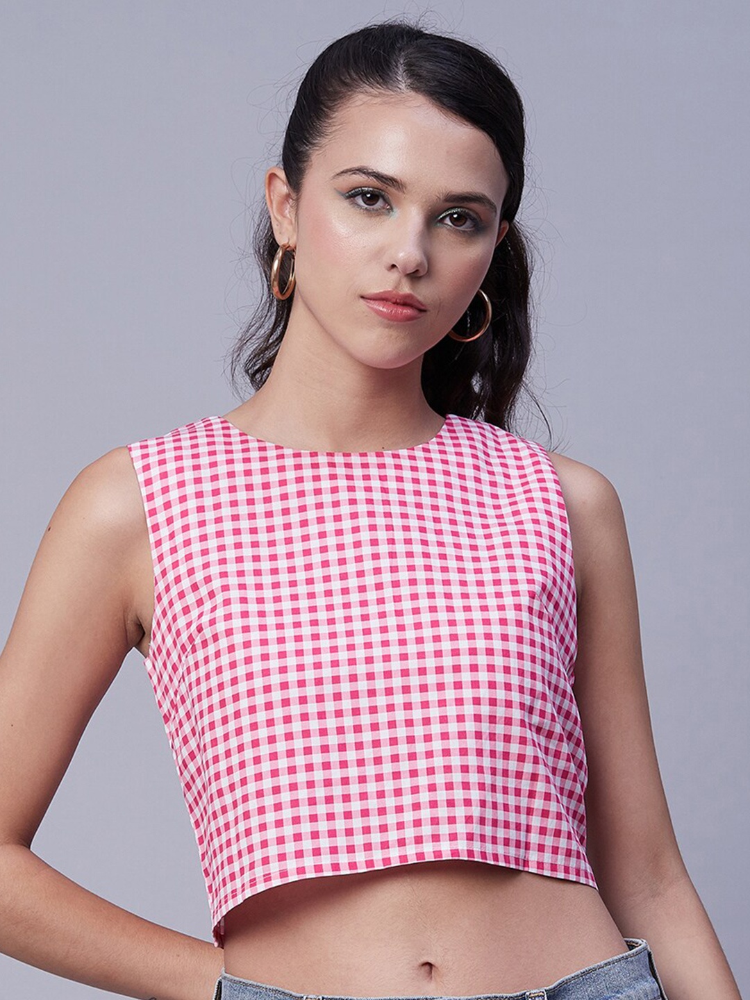 

Moomaya Checked Cotton Crop Top, Pink