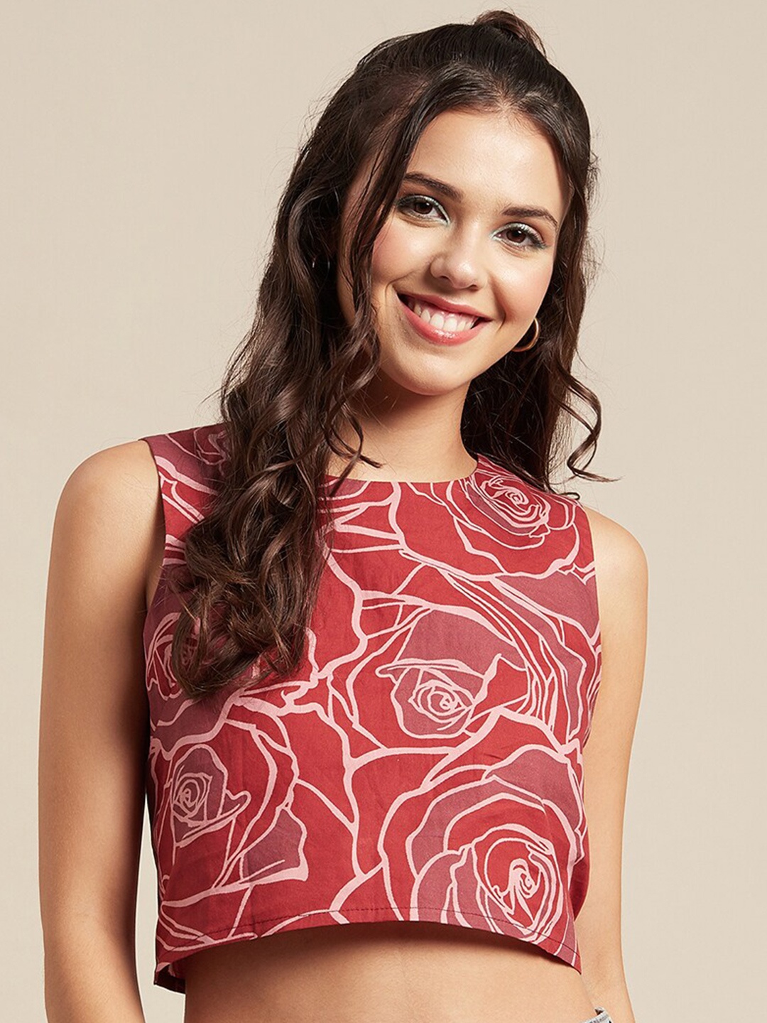 

Moomaya Floral Printed Cotton Crop Top, Red