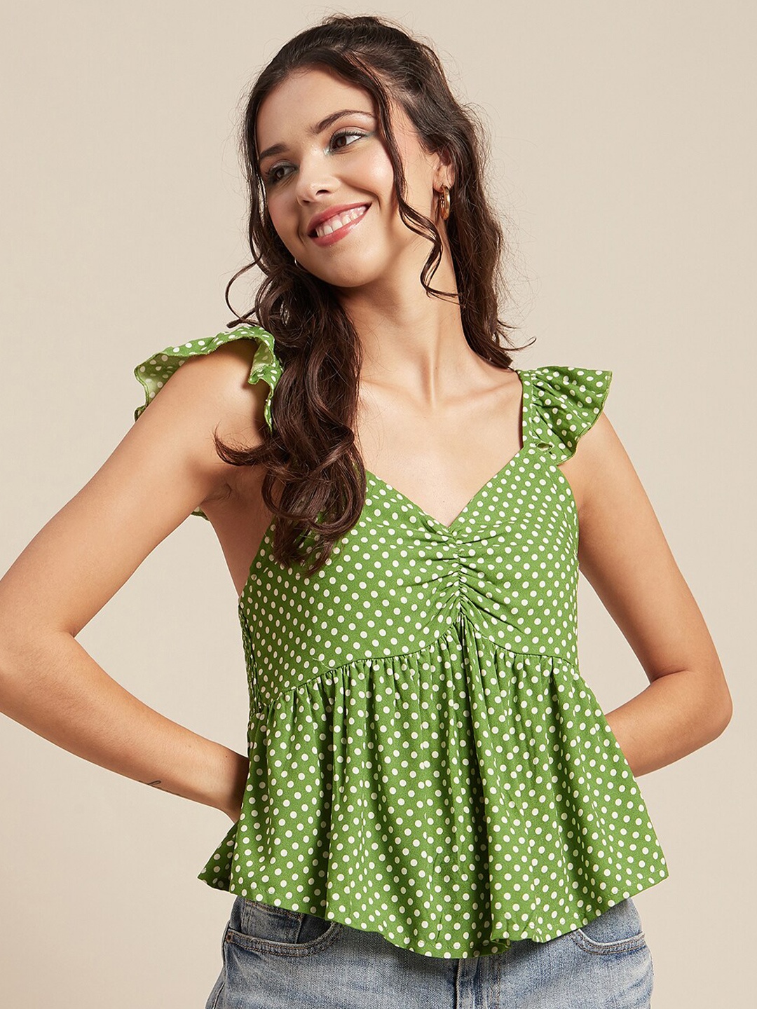 

Moomaya Smocked Ruffled Polka Dots Printed Peplum Top, Green