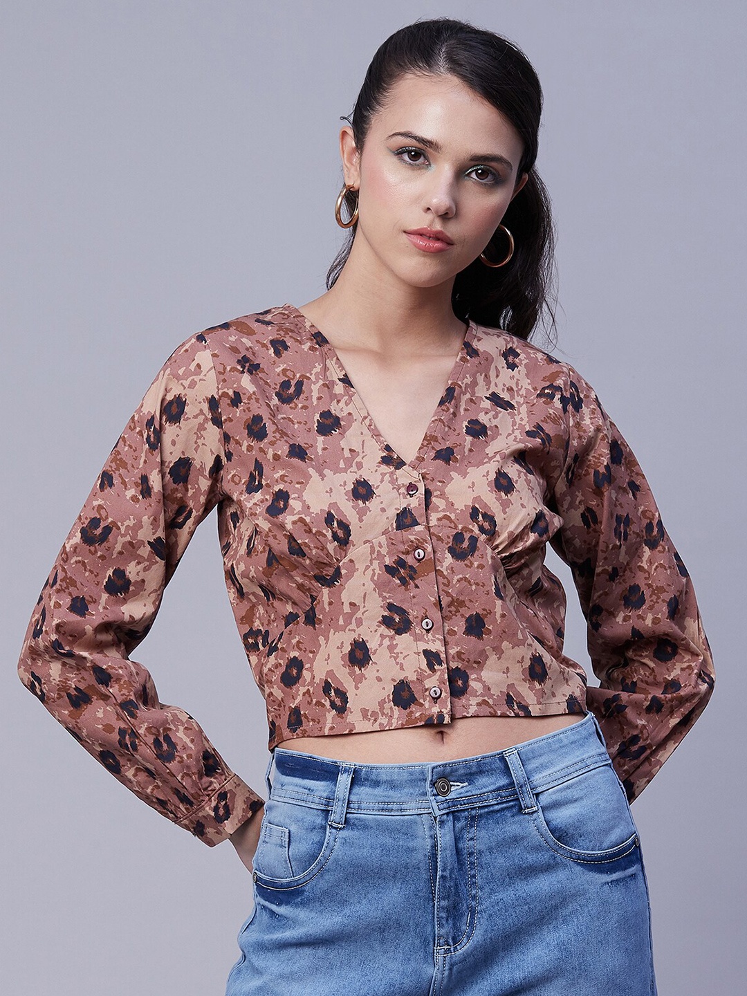 

Moomaya Animal Printed V-Neck Cotton Crop Top, Brown