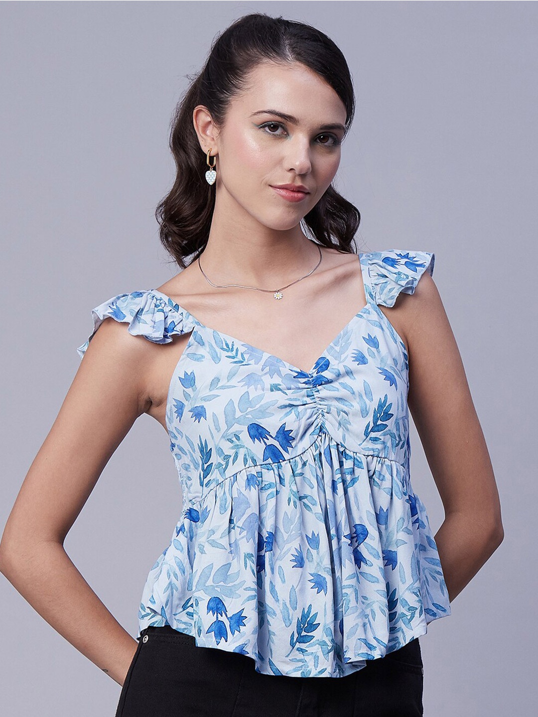 

Moomaya Floral Printed Sweetheart Neck Ruffled Flutter Sleeve Peplum Top, Blue