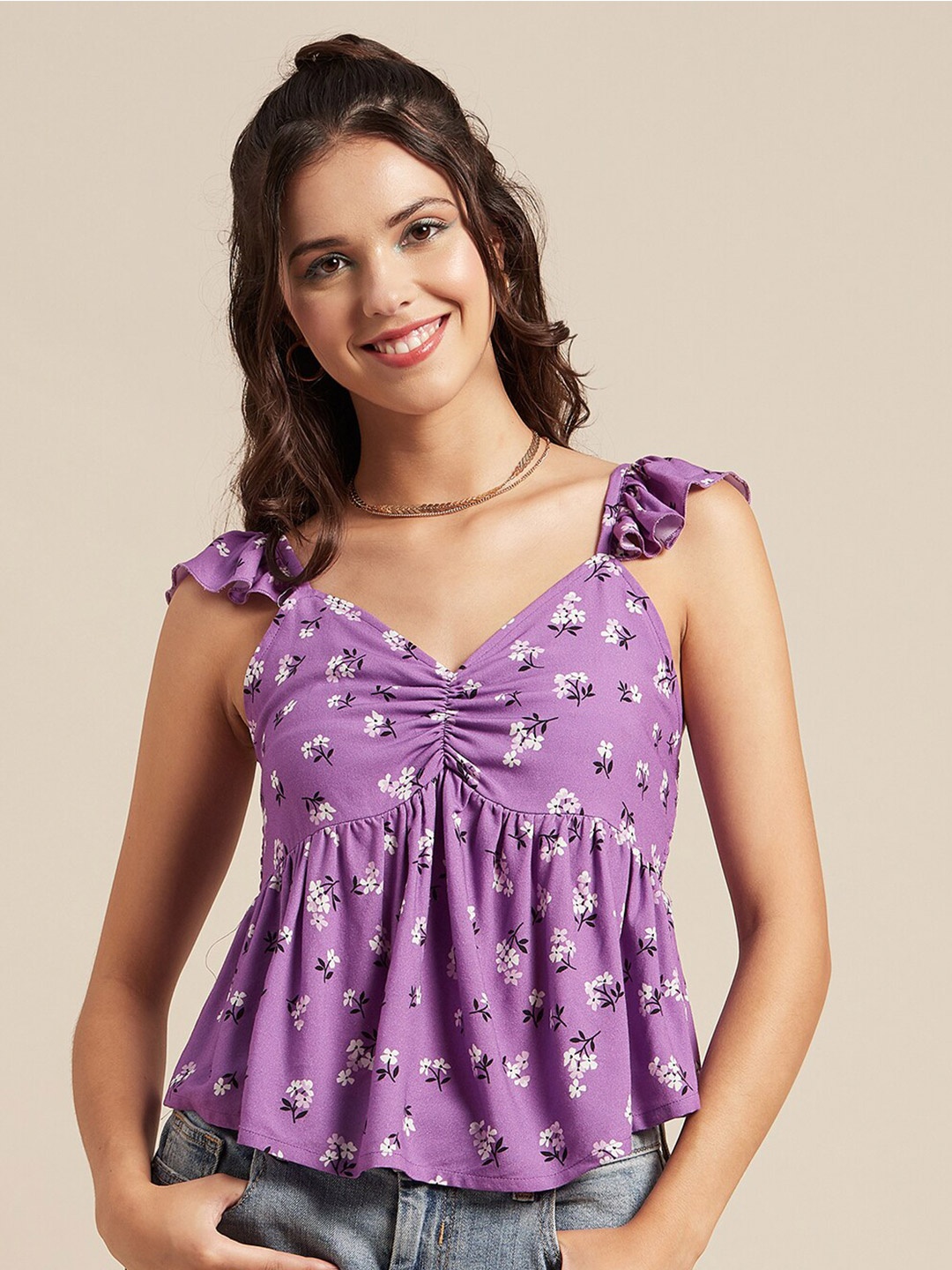 

Moomaya Floral Printed Sweetheart Neck Ruffled Flutter Sleeves Peplum Top, Lavender