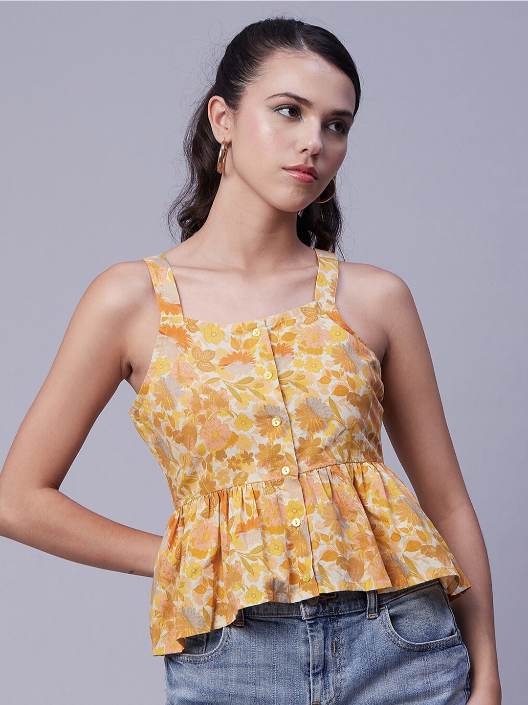 

Moomaya Floral Print Cotton Peplum Top, Yellow