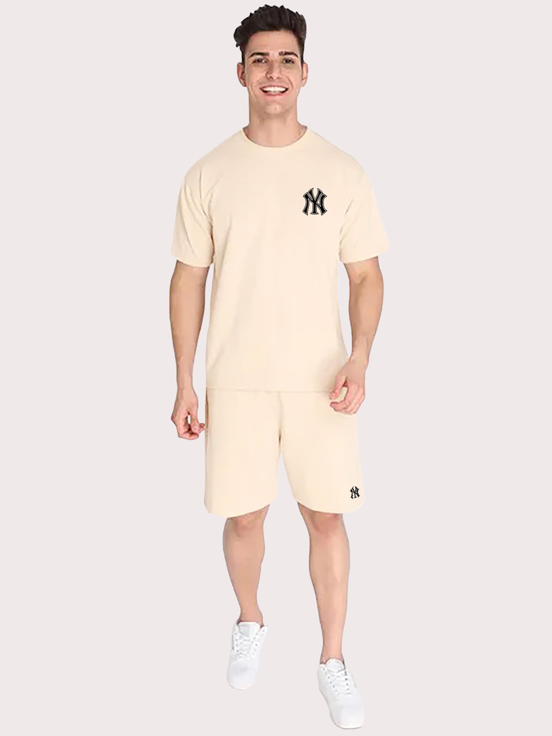 

FINIVO FASHION Pure Cotton T-shirt & Short Co-Ords Set, Cream