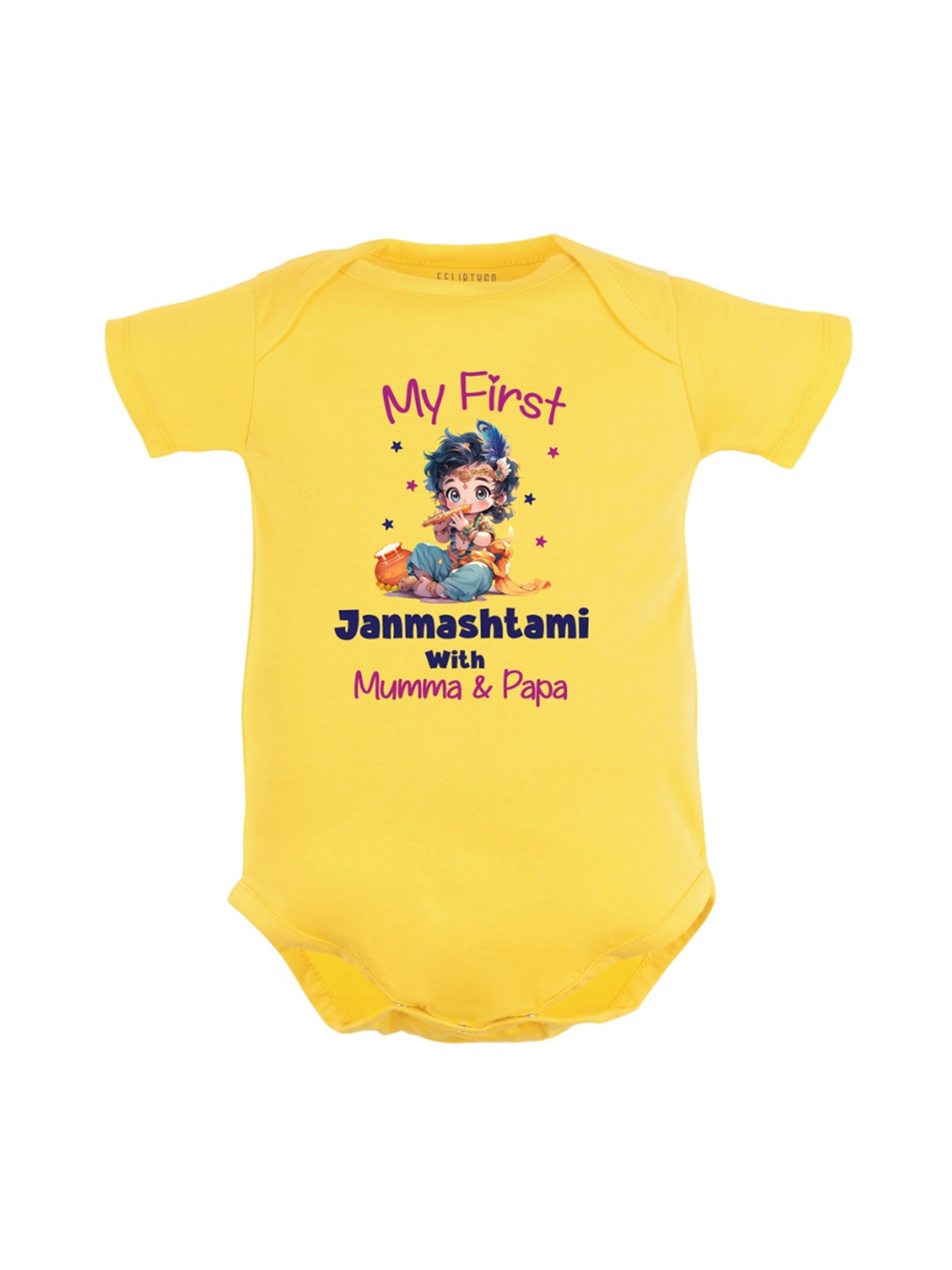 

FFLIRTYGO Infant Janmashtami Special Graphic Printed Pure Cotton Bodysuit, Yellow