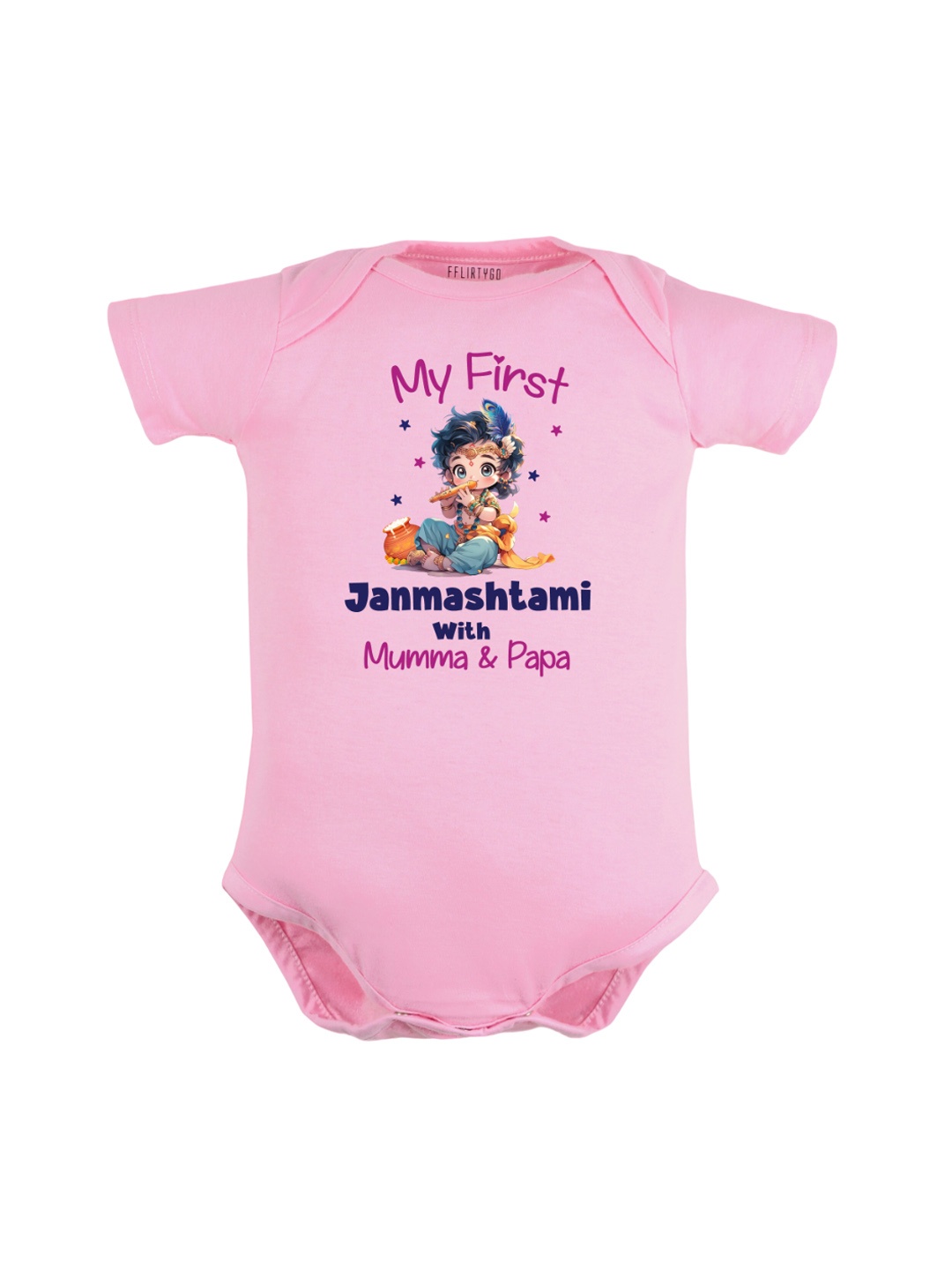 

FFLIRTYGO Infant Pure Cotton Typography Print Janmashtami Special Bodysuit, Pink