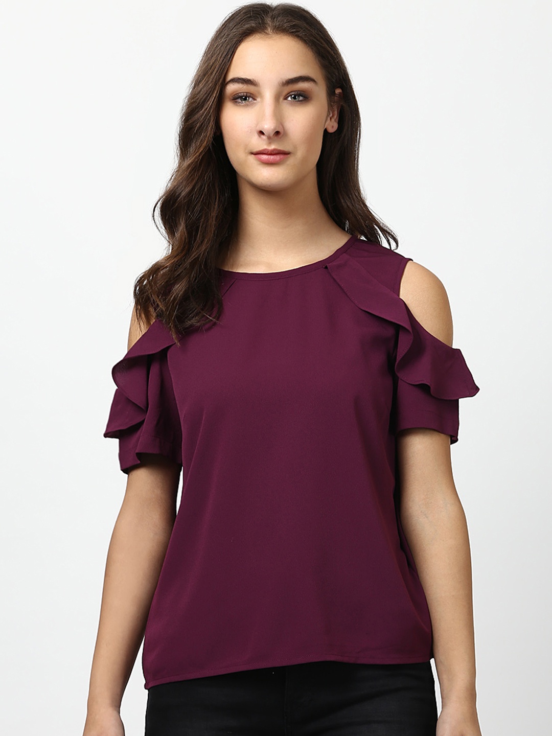 

Harpa Maroon & Burgundy Ruffles Top