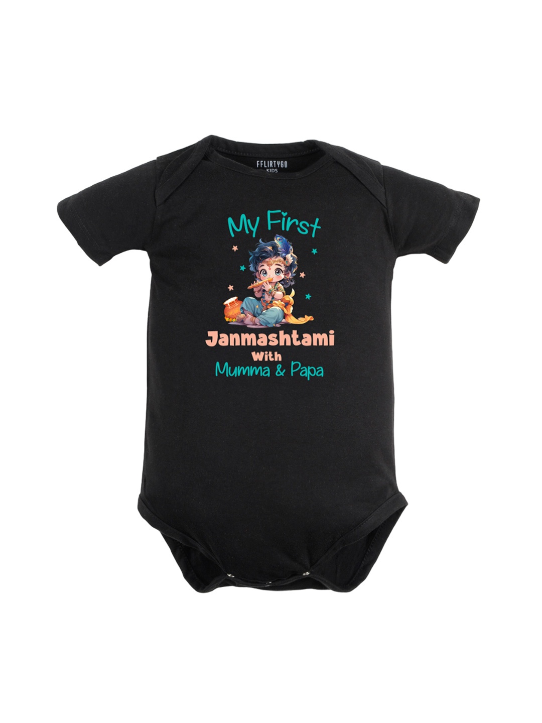 

FFLIRTYGO Infants Janmashtmi Printed Pure Cotton Bodysuit, Black