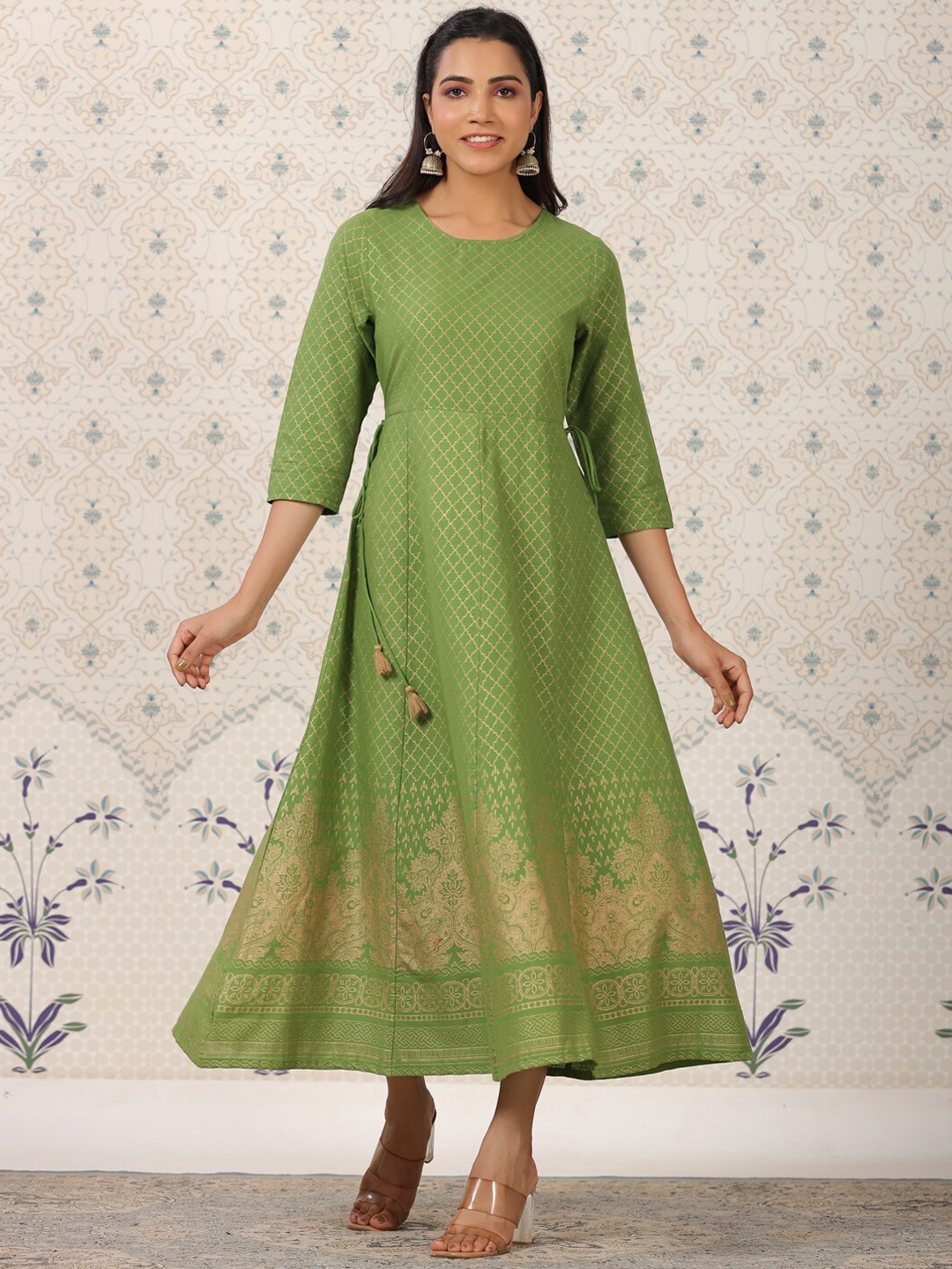 Ode by House of Pataudi Ethnic Motif Printed Pure Cotton A-Line Kurta, Green