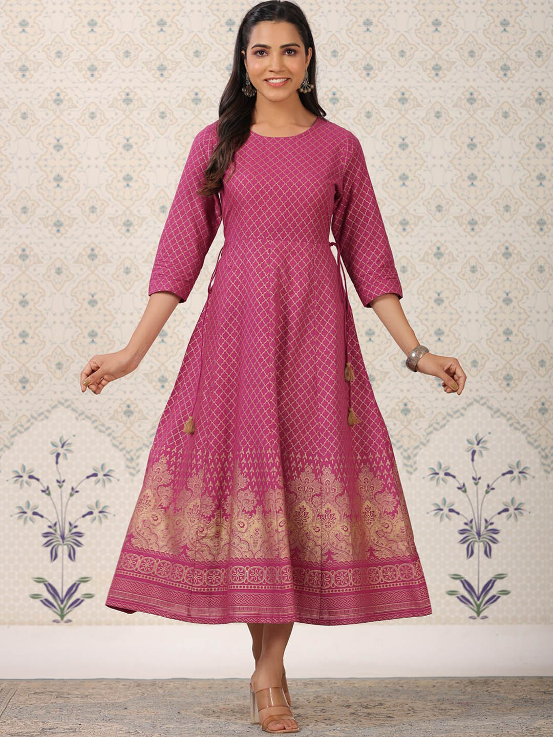 

Ode by House of Pataudi Ethnic Motifs Printed Cotton A-Line Ethnic Dress, Magenta