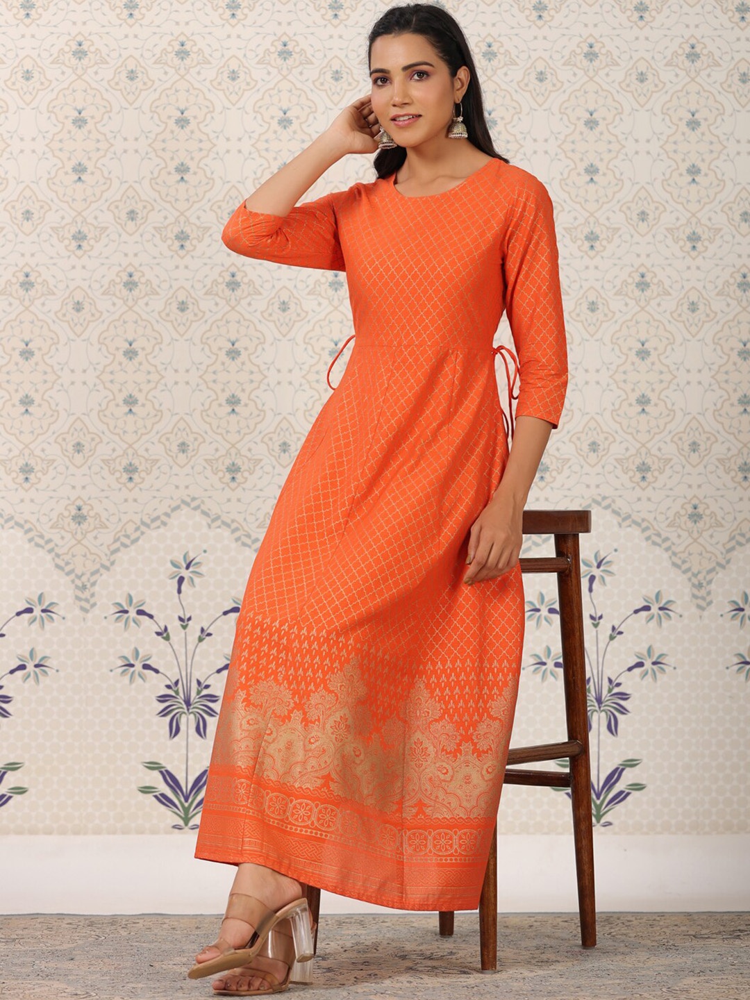 

Ode by House of Pataudi Orange Coloured Ethnic Motifs Woven Design Anarkali Kurta