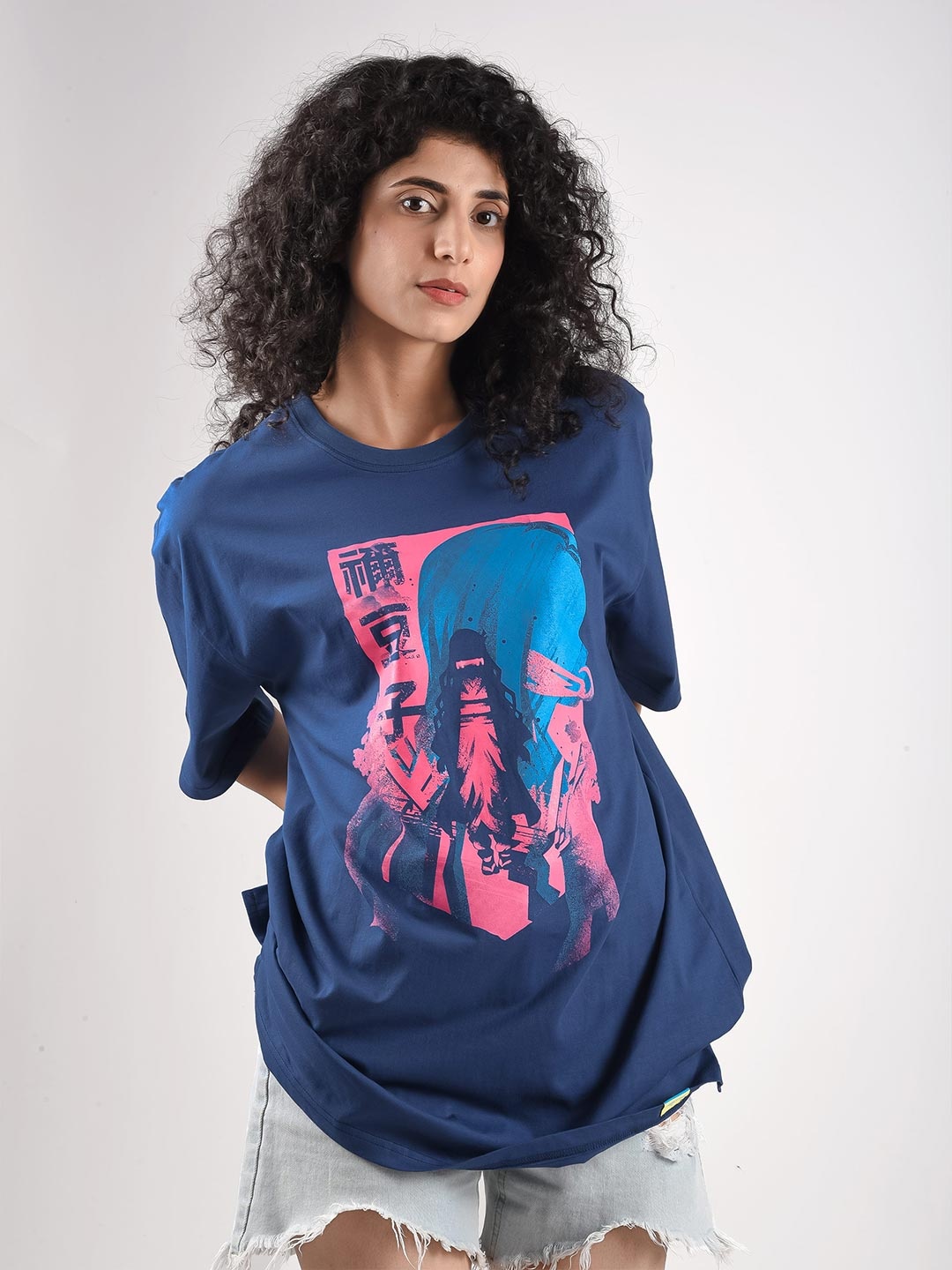 

COMICSENSE Vintage Demon Printed Oversized Drop Shoulder Sleeves T-Shirt, Navy blue