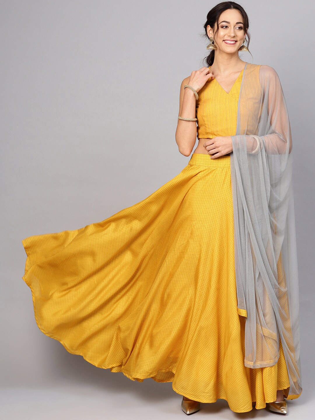 

AKS Checked Printed Ready to Wear Lehenga With Choli & Dupatta, Mustard