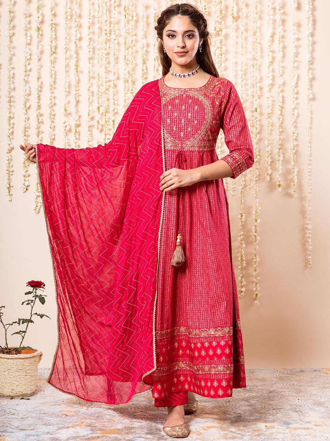 

Nehamta Ethnic Motifs Printed Thread Work Kurta & Trousers With Dupatta, Pink