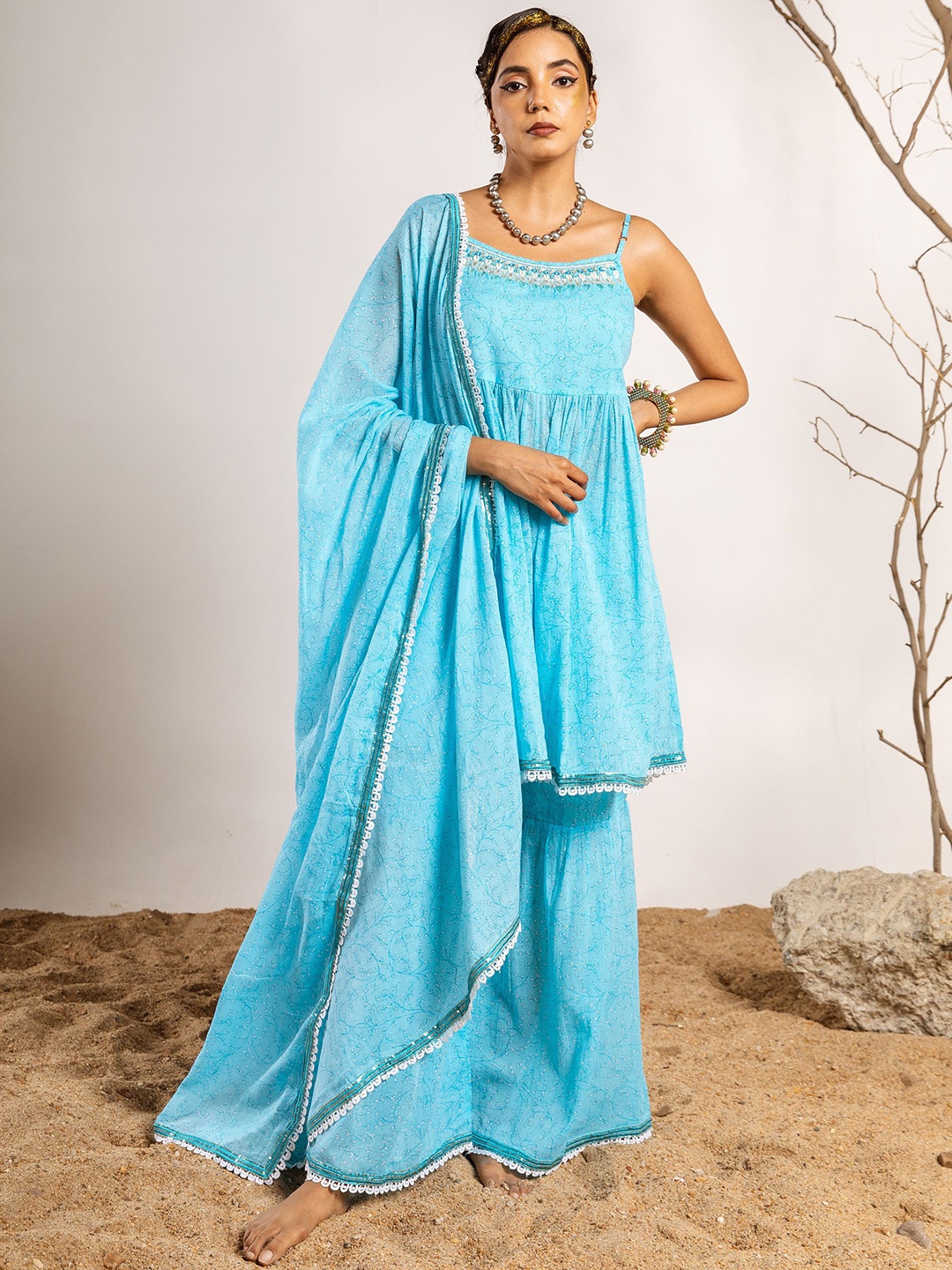 

Nehamta Floral Printed Thread Work Pure Cotton Kurta & Sharara With Dupatta, Blue