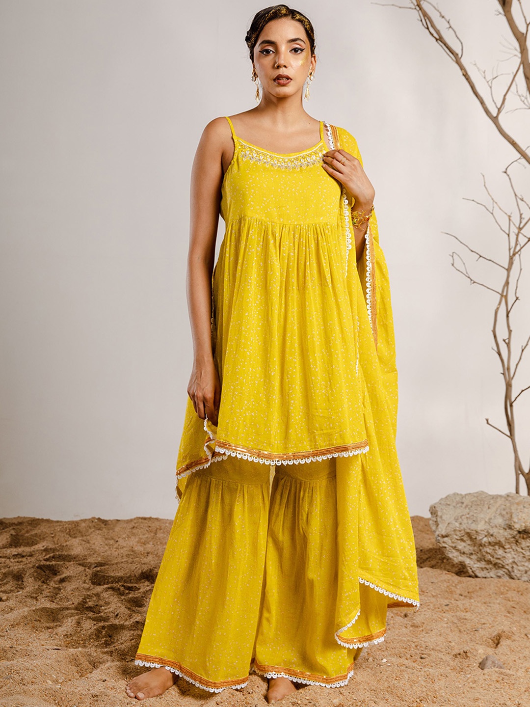 

Nehamta Floral Printed Thread Work Pure Cotton Kurta & Sharara With Dupatta, Yellow