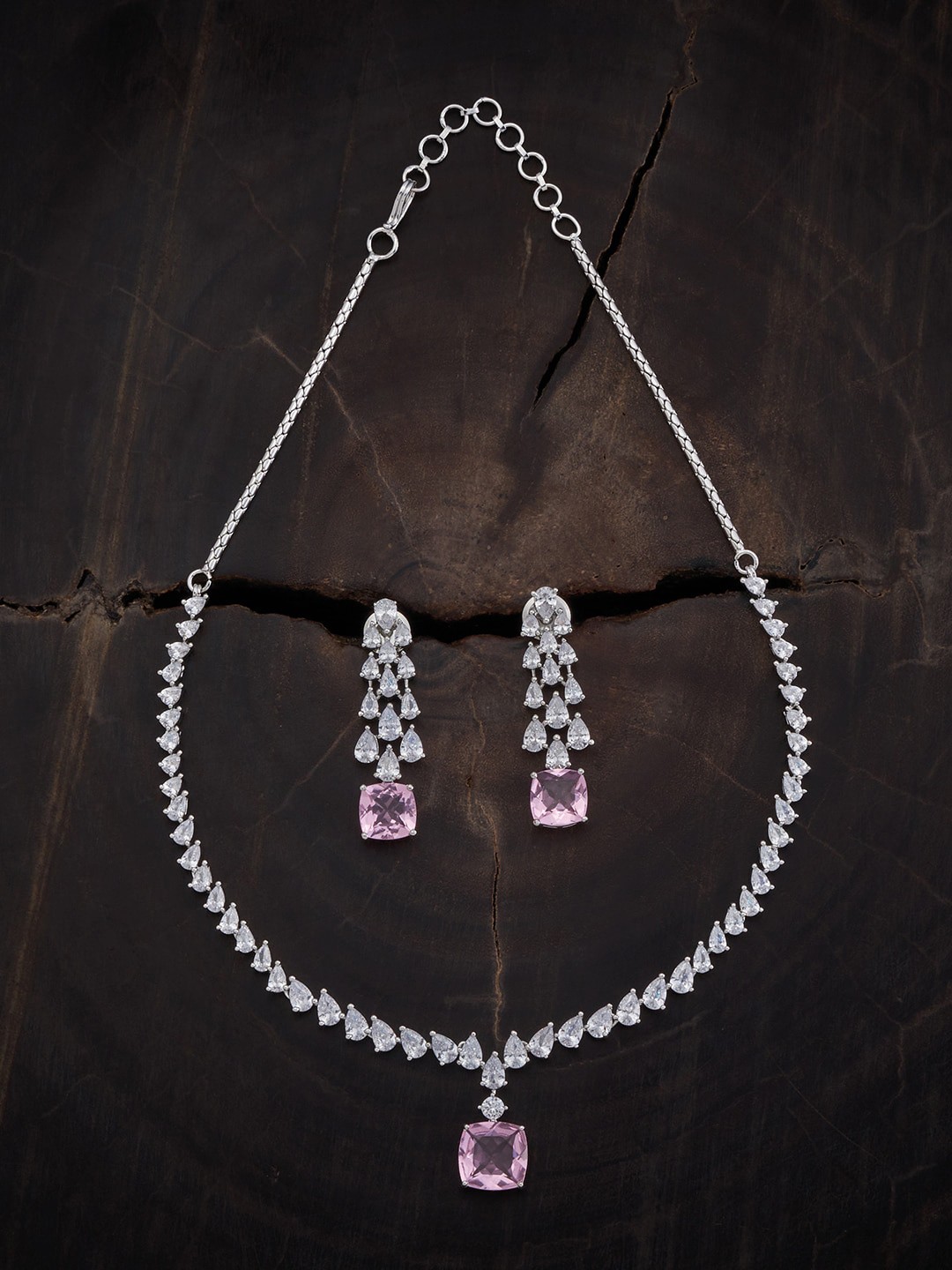 

Kushal's Fashion Jewellery Rhodium-Plated CZ Stone-Studded Jewellery Set, Silver