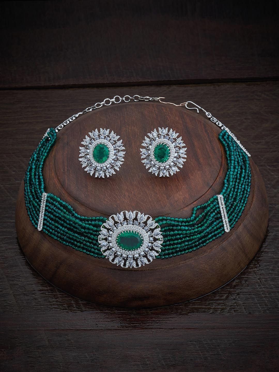 

Kushal's Fashion Jewellery Rhodium-Plated Stone-Studded & Pearl Beaded Jewellery Set, Silver