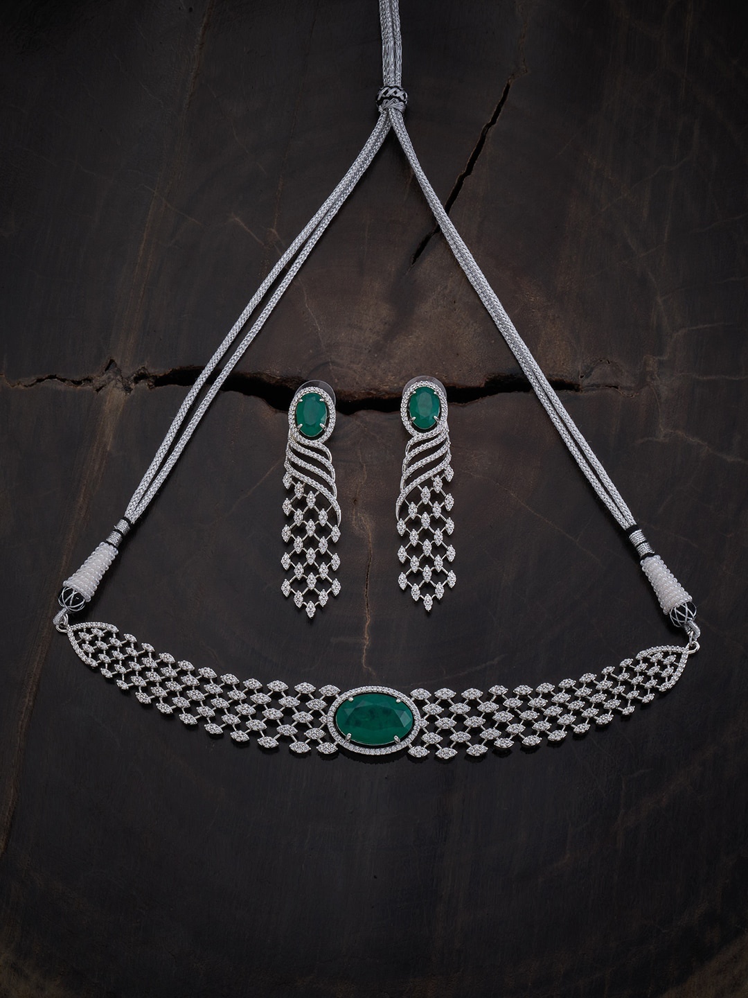 

Kushal's Fashion Jewellery Rhodium-Plated CZ Stone-Studded Jewellery Set, Silver