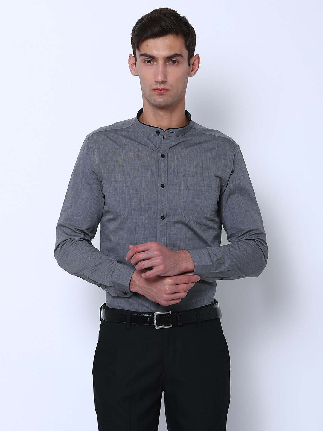 

Black coffee Men Grey Slim Fit Solid Formal Shirt