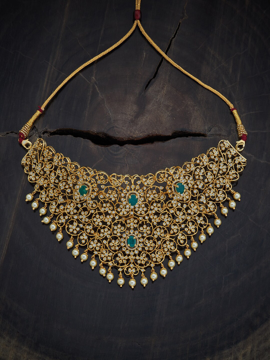

Kushal's Fashion Jewellery 92.5 Pure Silver Artificial Stones-Studded & Beaded Necklace, Gold