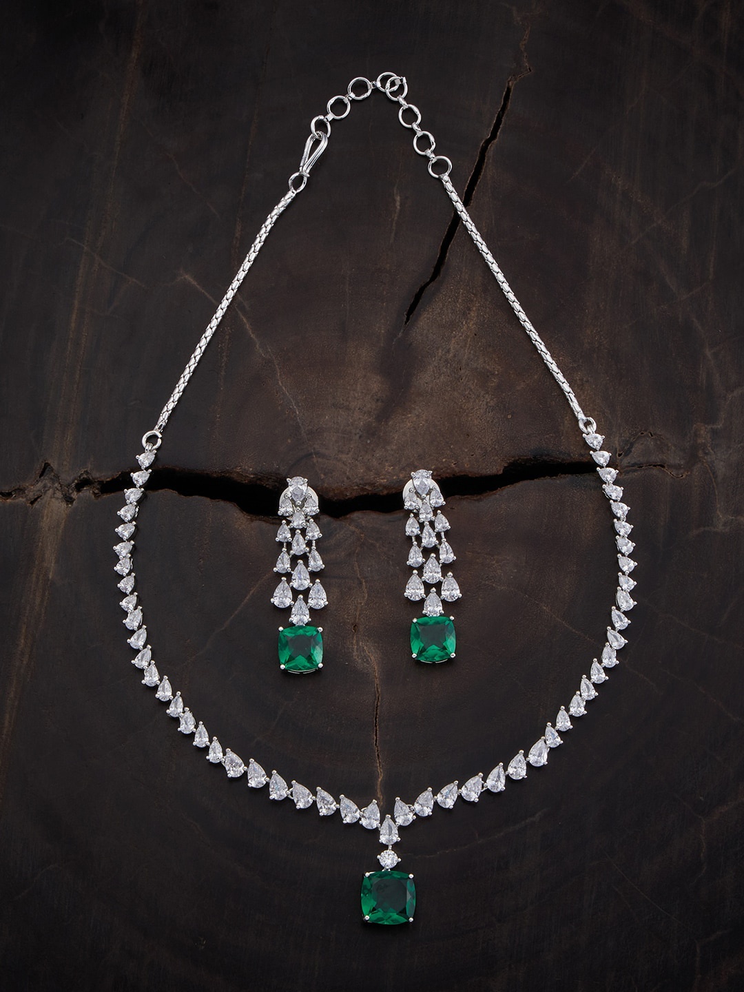 

Kushal's Fashion Jewellery Rhodium-Plated CZ Studded Jewellery Set, Silver