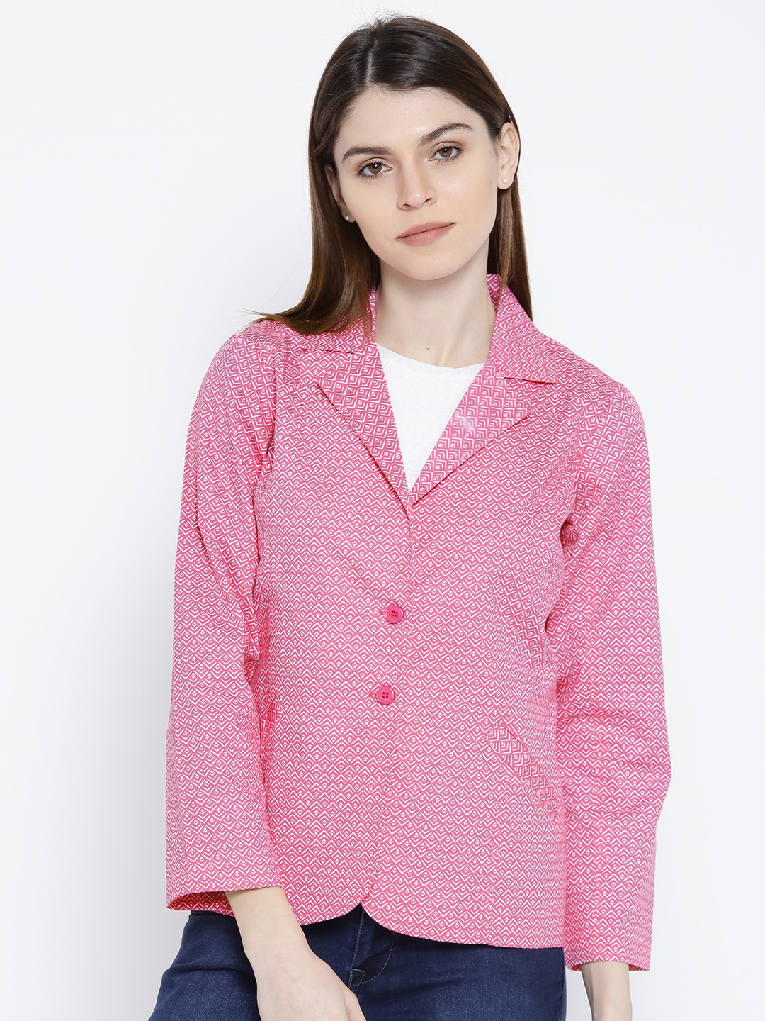 

Ayaany Pink & White Printed Single-Breasted Casual Blazer