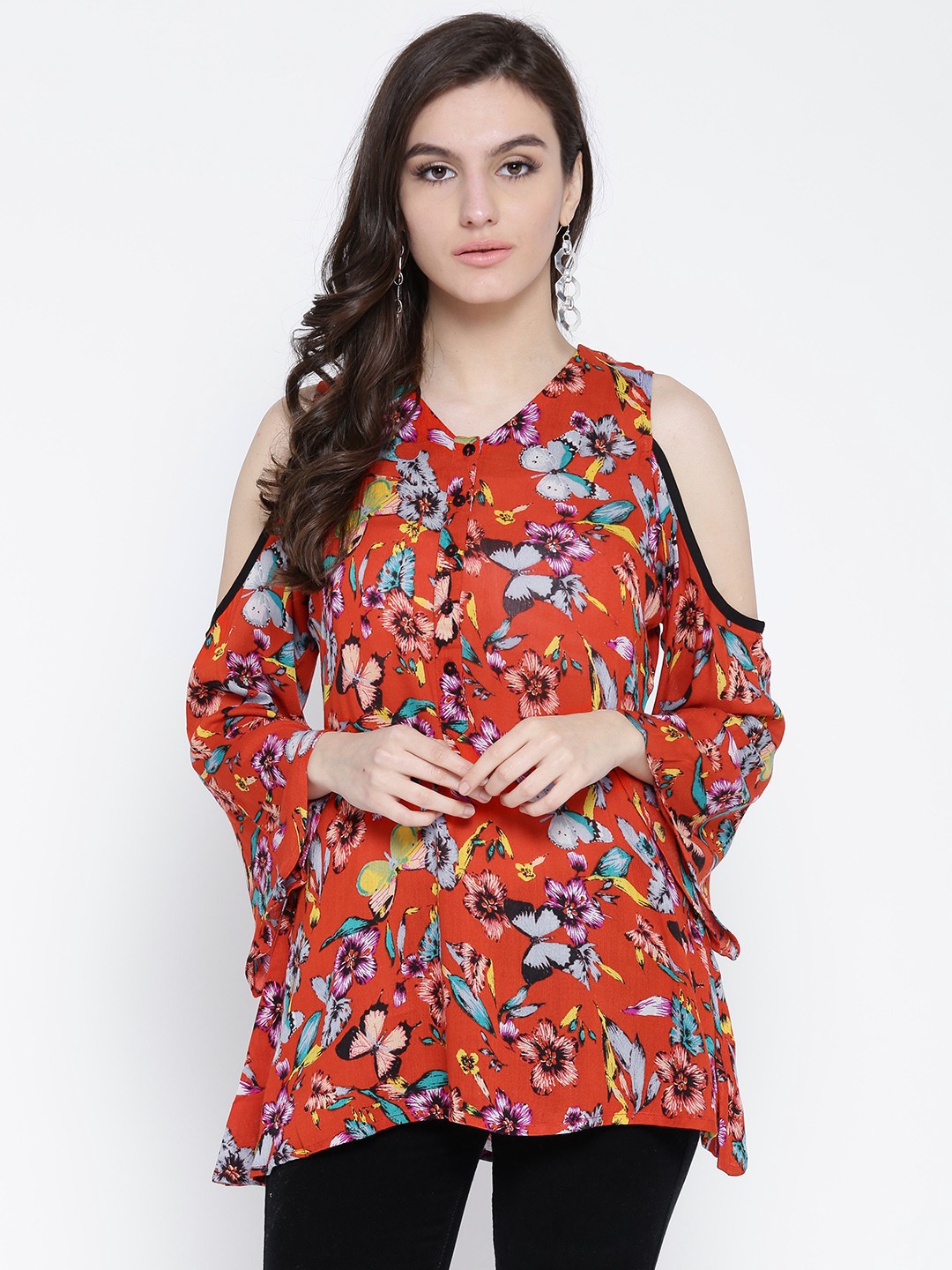 

Ayaany Women Orange Floral Printed Cold-Shoulder A-Line Top
