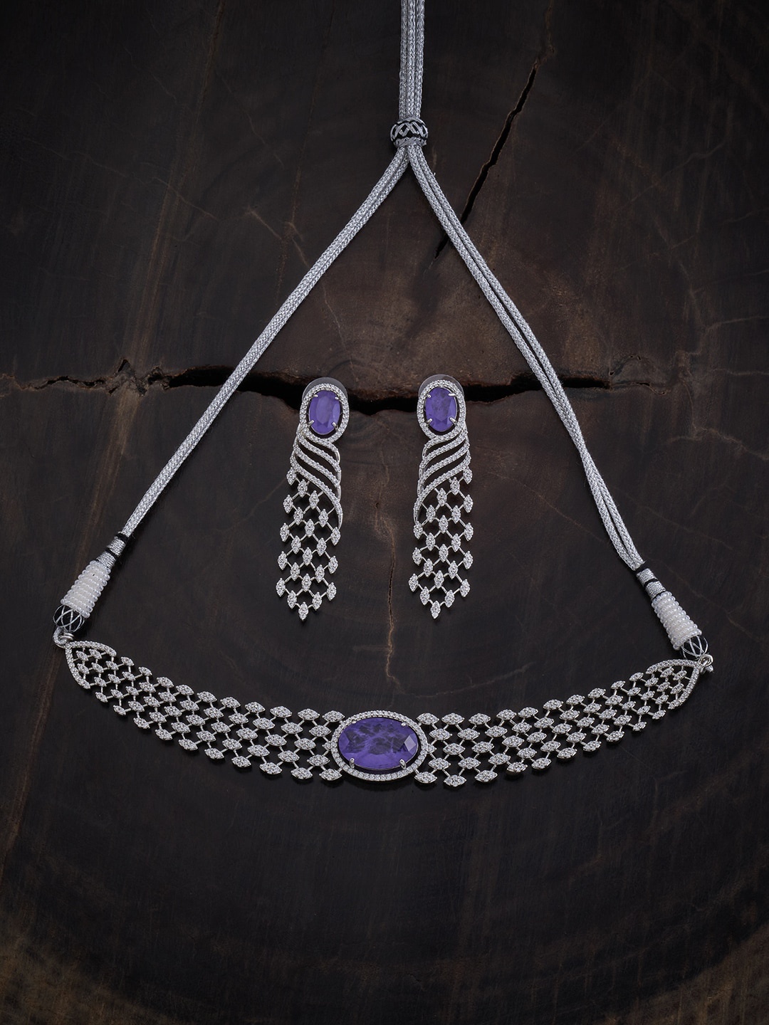 

Kushal's Fashion Jewellery Rhodium Plated CZ Studded Jewellery Set, Silver