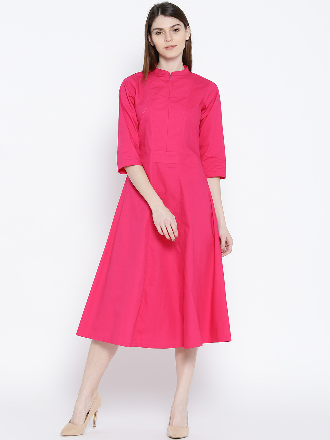 

Ayaany Women Pink Solid A-Line Midi Dress