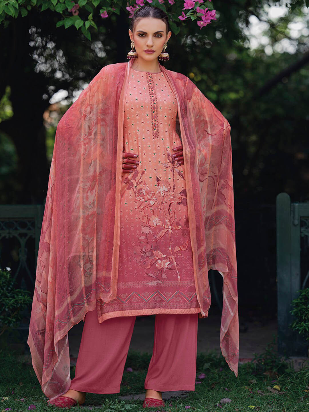 

Stylee LIFESTYLE Floral Printed Pure Silk Unstitched Dress Material, Peach