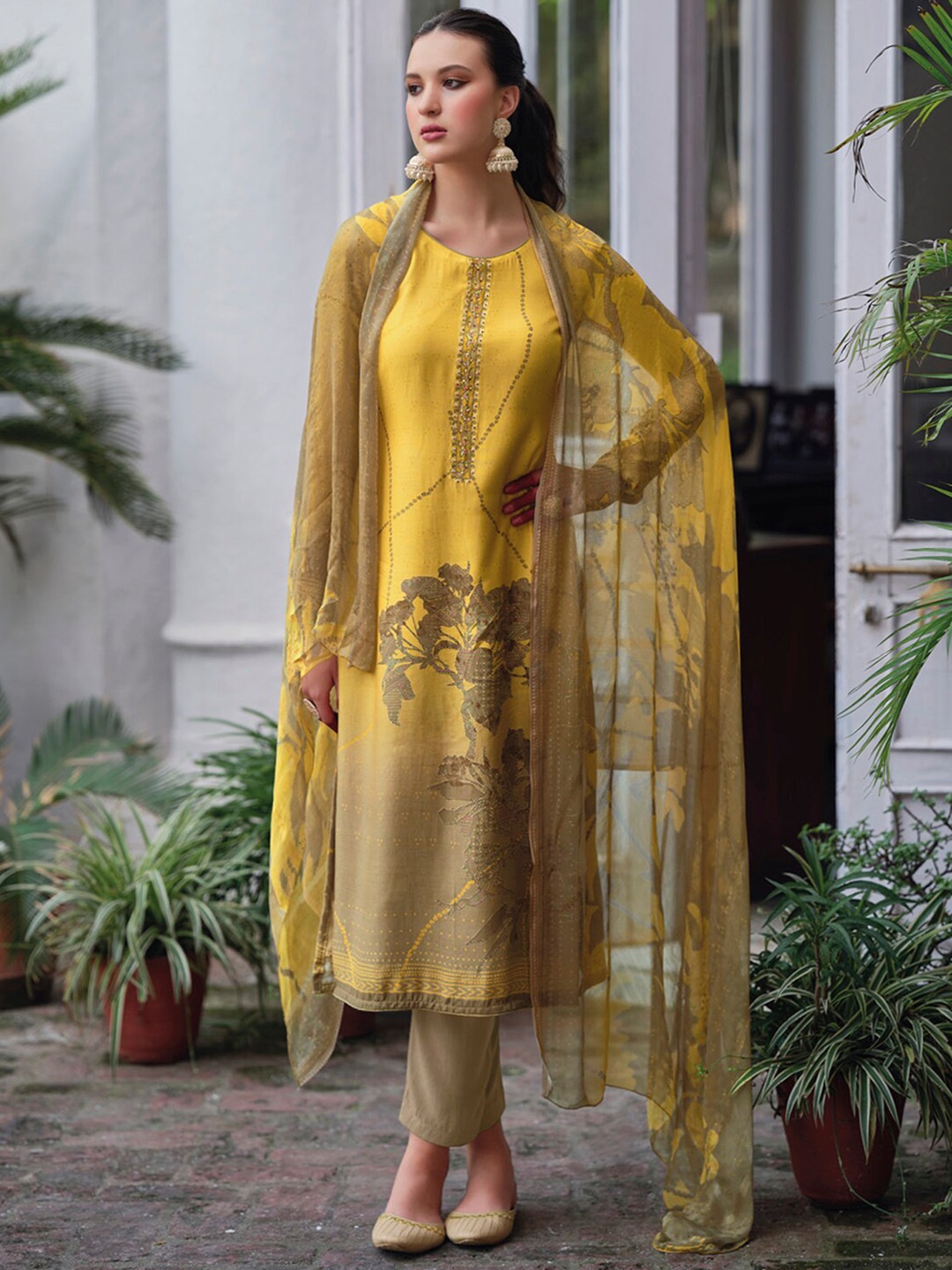 

Stylee LIFESTYLE Floral Printed Pure Silk Unstitched Dress Material, Yellow