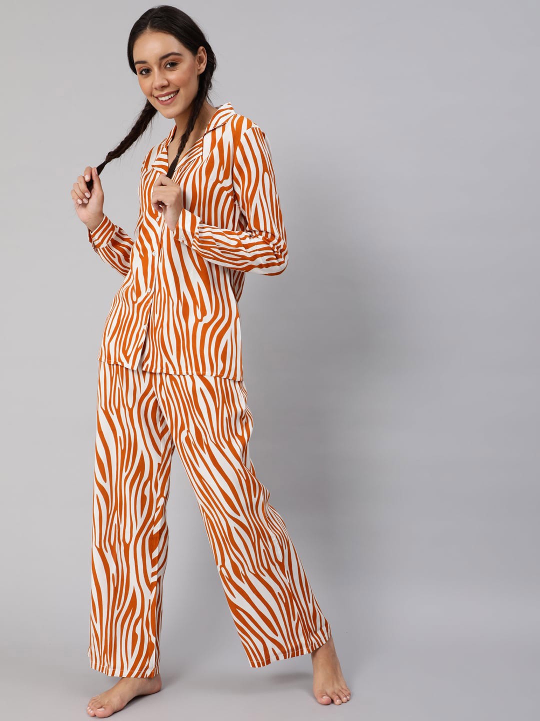 

AKS Animal Printed Pure Cotton Shirt Night Suit, Orange