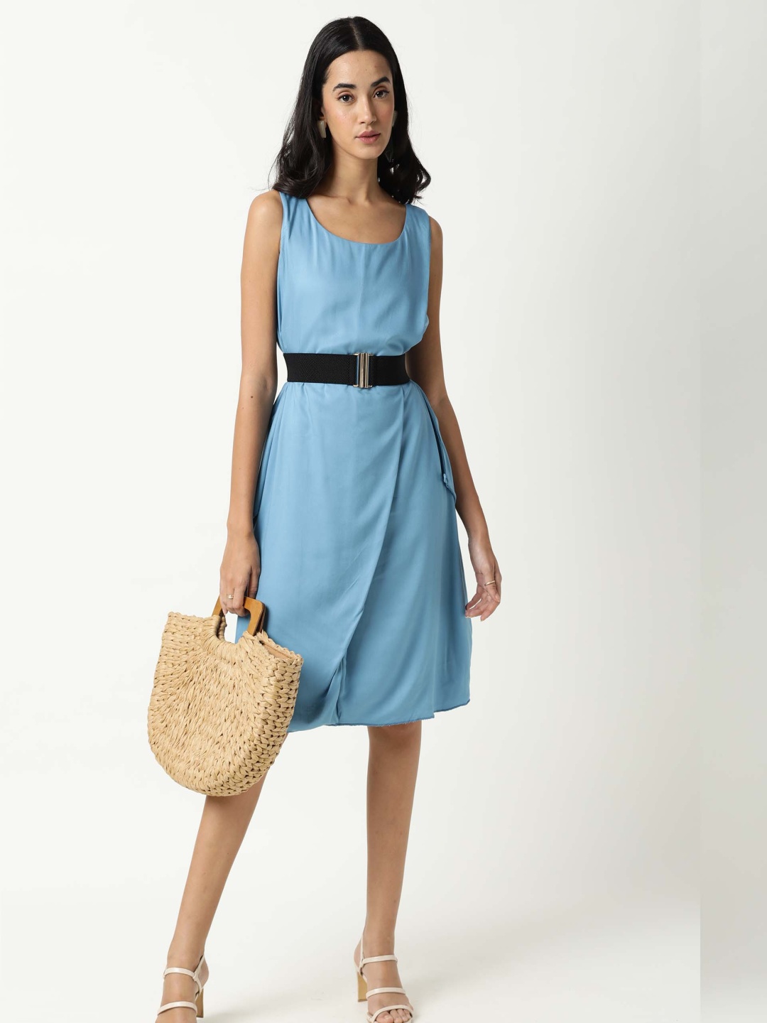 

RAREISM Round Neck Layered A-line Dress, Blue